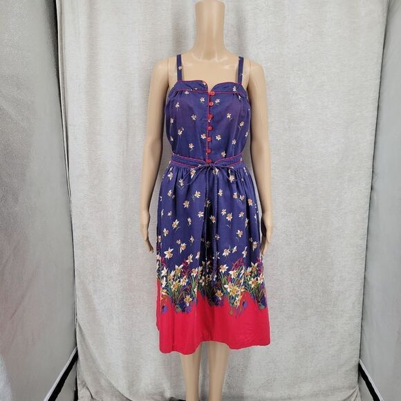 Vintage Sundress Belted Floral Blue Red Pin-Up Rockabilly Cotton 70s - Picture 12 of 14